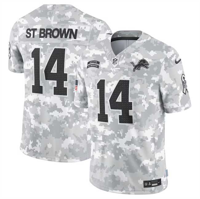 Mens Detroit Lions #14 Amon-Ra St. Brown 2024 Arctic Camo Salute To Service Limited Stitched Jersey Dyin